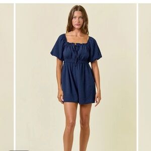 NWT Doe and Rae Navy Puff Sleeve Babydoll Romper